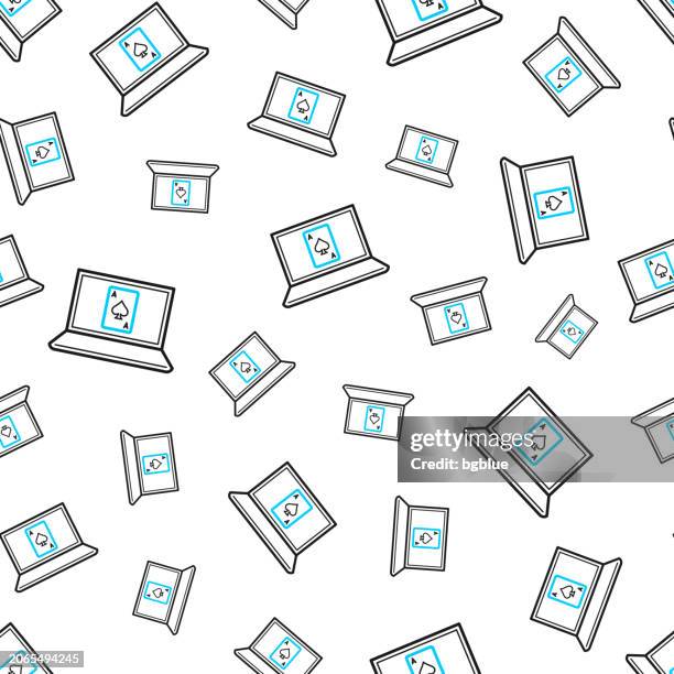 laptop with playing card. seamless pattern. line icons on white background - blackjack stock illustrations