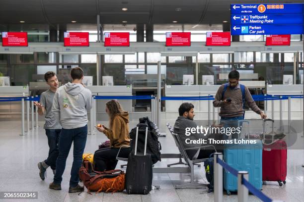 Passengers wait at Frankfurt Airport during nationwide strike on March 7, 2024 in Frankfurt, Germany. Germany is facing a simultaneous strike by...