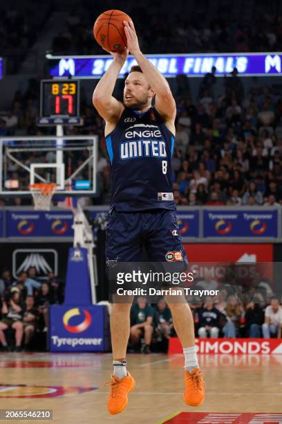 Matthew Dellavedova of Melbourne United shoots the ball during game one of the NBL Semi Final Playoff Series between Melbourne United and Illawarra...