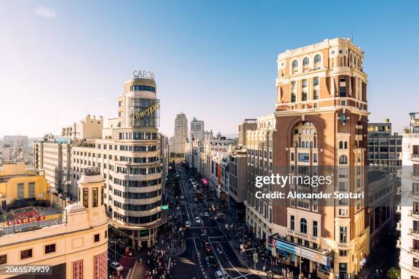 madrid downtown skyline on a sunny day, aerial view, spain - madrid stockfoto's en -beelden