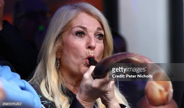 Broadcaster Vanessa Feltz blows a Shofar horn during The Blow For Hostages event at St John's Synagogue, on March 10, 2024 in London, England. With...