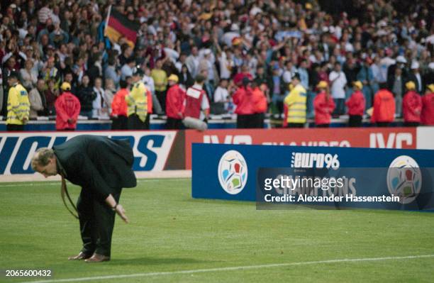 German football manager Berti Vogts during the UEFA Euro 1996 final between the Czech Republic and Germany, held at Wembley Stadium in London,...