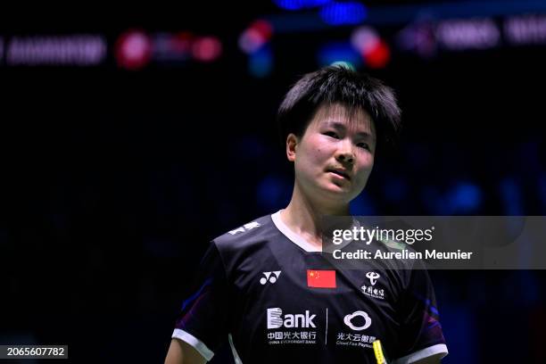 He Bing Jiao of China looks on during her women single round of 16 match against Busanan Ongbamrungphan of Thailand at Adidas Arena on March 07, 2024...