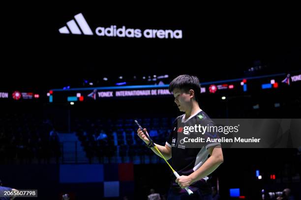 He Bing Jiao of China looks on during her women single round of 16 match against Busanan Ongbamrungphan of Thailand at Adidas Arena on March 07, 2024...