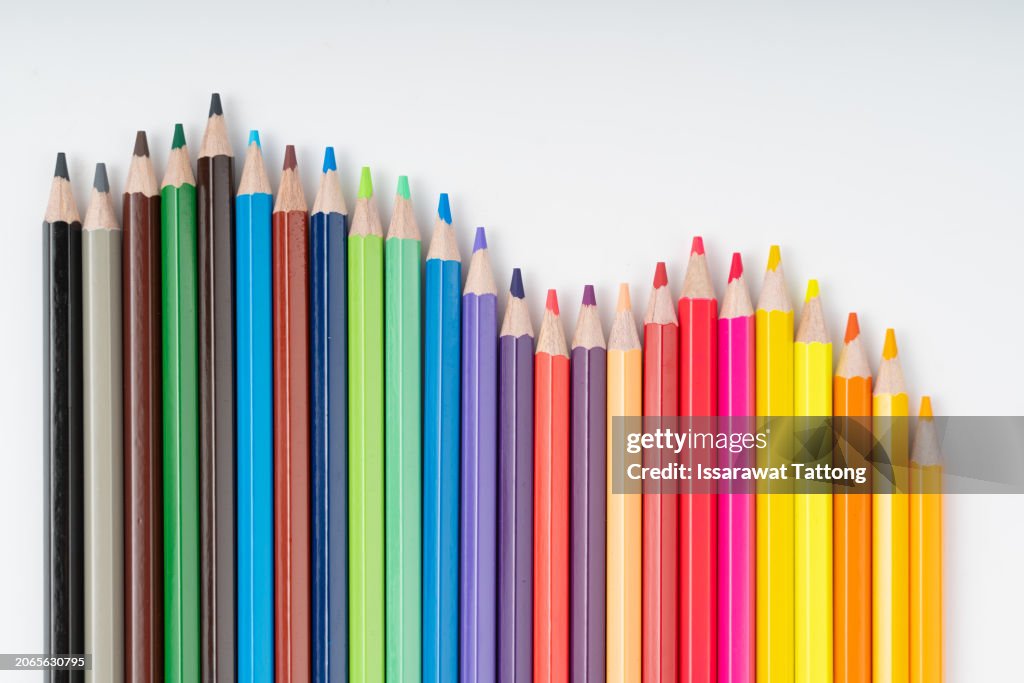 Color pencils isolated on white background close up with Clipping path.Beautiful color pencils.Color pencils for drawing Rainbow color pencil and used as a background.