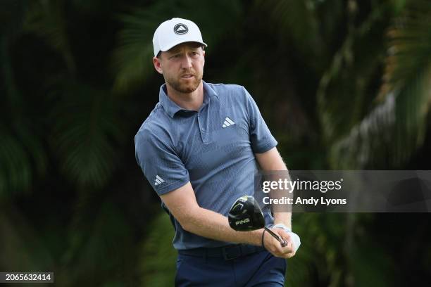 Daniel Berger of the United States watches his shot from the fourth tee during the first round of the Puerto Rico Open at Grand Reserve Golf Club on...