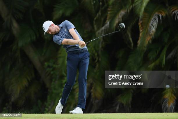 Daniel Berger of the United States plays his shot from the fourth tee during the first round of the Puerto Rico Open at Grand Reserve Golf Club on...