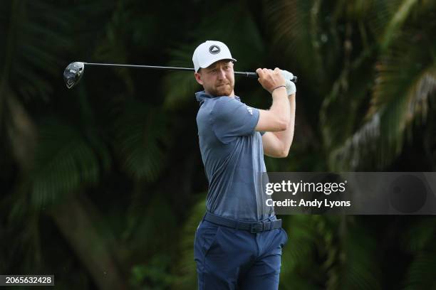 Daniel Berger of the United States plays his shot from the fourth tee during the first round of the Puerto Rico Open at Grand Reserve Golf Club on...