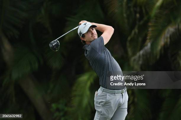 Nico Echavarria of Colombia plays his shot from the fourth tee during the first round of the Puerto Rico Open at Grand Reserve Golf Club on March 07,...