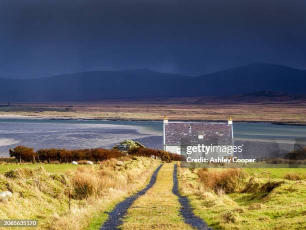 a house above loch gruinart on islay, scotland, uk. - loch gruinart stock pictures, royalty-free photos & images