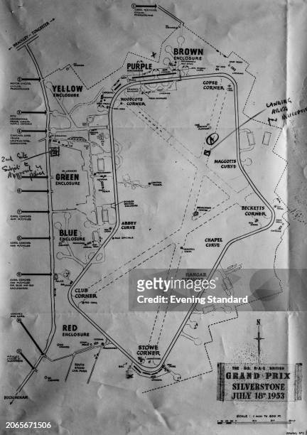 Map showing the track layout of Silverstone Circuit in Northamptonshire, the venue for the British Grand Prix, July 1953.