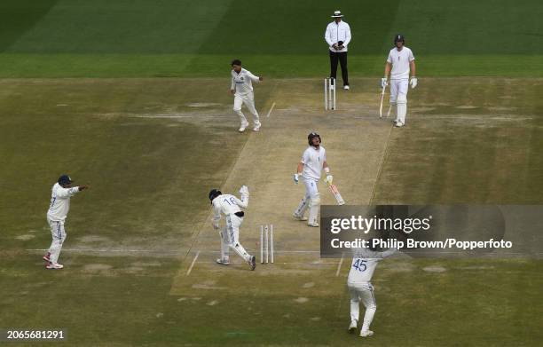 Ollie Pope of England reacts after being stumped by Dhruv Jurel during day one of the 5th Test Match between India and England at Himachal Pradesh...