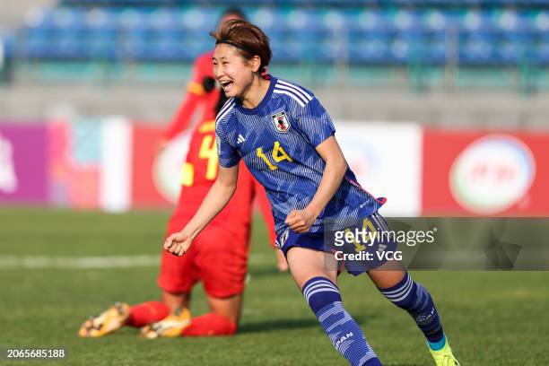 Hijikata of Japan celebrates after scoring her team's first goal during the second round match of the 2024 AFC U20 Women's Asian Cup Finals between...
