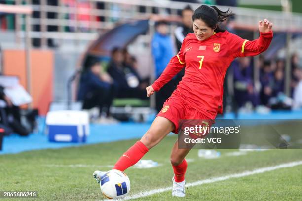 Li Tingyingge of China kicks the ball during the second round match of the 2024 AFC U20 Women's Asian Cup Finals between China and Japan at JAR...