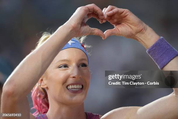 August 23: Sandi Morris of the United States reacts during the Women's Pole Vault Final at the World Athletics Championships, at the National...