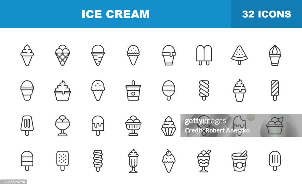 Ice Cream Line Icons. Editable Stroke. Contains such icons as Cone, Frozen Food, Summer, Vanilla Ice Cream, Chocolate, Cup, Snack, Dessert, Sweet Food, Milk, Waffle, Sorbet.