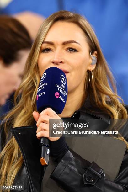 Laura Woods looks on during the UEFA Champions League 2023/24 round of 16 second leg match between Manchester City and F.C. Copenhagen at Etihad...