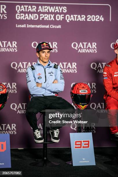 Marc Marquez of Spain and Gresini Racing MotoGP looks on during the press conference ahead of the MotoGP Qatar Airways Grand Prix of Qatar at Losail...