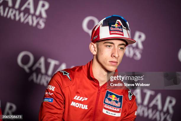 Pedro Acosta of Spain and GASGAS Factory Racing Tech3 looks on during the press conference ahead of the MotoGP Qatar Airways Grand Prix of Qatar at...