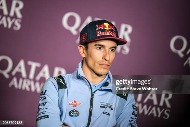 Marc Marquez of Spain and Gresini Racing MotoGP looks on during the press conference ahead of the MotoGP Qatar Airways Grand Prix of Qatar at Losail...