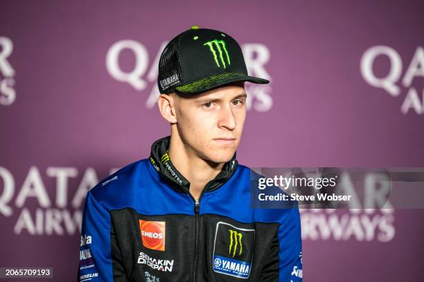 Fabio Quartararo of France and Monster Energy Yamaha MotoGP looks on during the press conference ahead of the MotoGP Qatar Airways Grand Prix of...