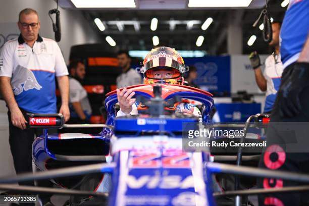 Yuki Tsunoda of Japan and Visa Cash App RB prepares to drive in the garage during practice ahead of the F1 Grand Prix of Saudi Arabia at Jeddah...