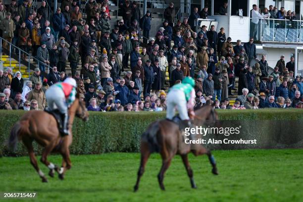 General view as runners pass the grandstand during The Salisbury Hospice Novices' Hurdle at Wincanton Racecourse on March 07, 2024 in Wincanton,...