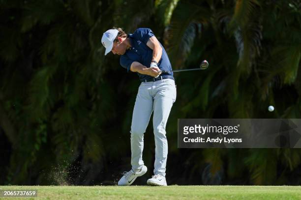 Amateur Jackson Van Paris of the United States plays his shot from the fourth tee during the first round of the Puerto Rico Open at Grand Reserve...