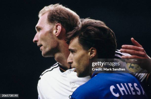 German footballer Matthias Sammer and Italian footballer Enrico Chiesa in action during the UEFA Euro 1996 Group C match between Italy and Germany,...