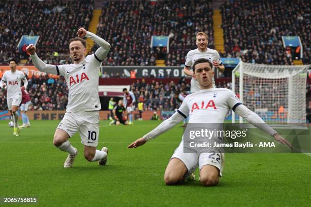 Brennan Johnson of Tottenham Hotspur celebrates after scoring a goal to make it 0-2 during the Premier League match between Aston Villa and Tottenham...