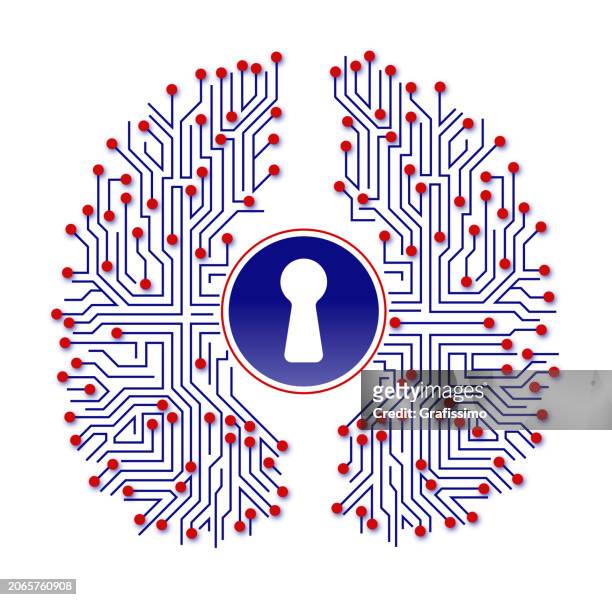 keyhole in human brain with circuit board as brain anatomy isolated on white - system configuration stock illustrations