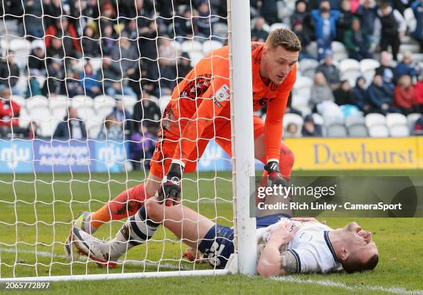 Preston North End's Ryan Ledson just fails to connect with a late cross and clatters into the upright post of the goal during the Sky Bet...