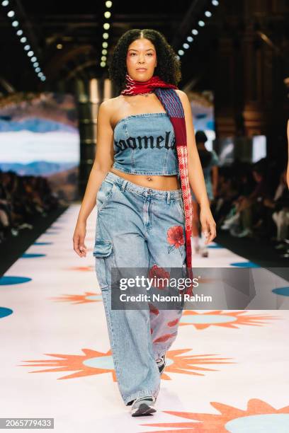 Model showcases designs by Ginny's Girl Gang during the Urban Oasis Runway at Melbourne Fashion Festival 2024 on March 07, 2024 in Melbourne,...