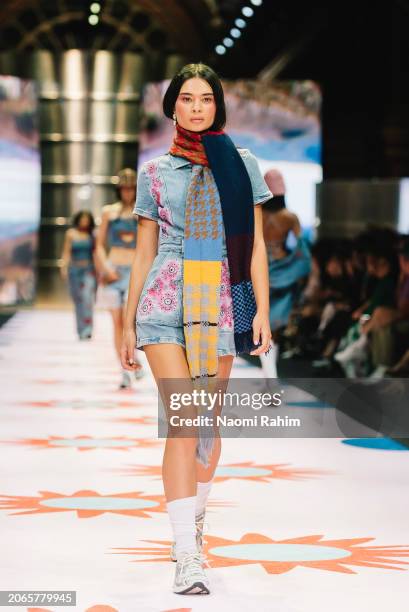 Model showcases designs by Ginny's Girl Gang during the Urban Oasis Runway at Melbourne Fashion Festival 2024 on March 07, 2024 in Melbourne,...