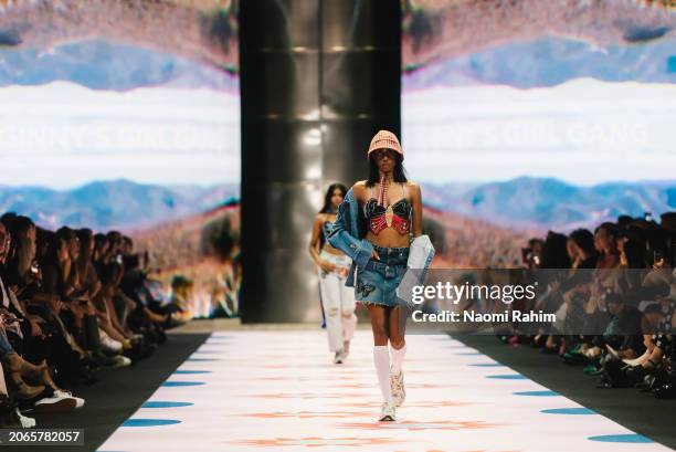 Model showcases designs by Ginny's Girl Gang during the Urban Oasis Runway at Melbourne Fashion Festival 2024 on March 07, 2024 in Melbourne,...