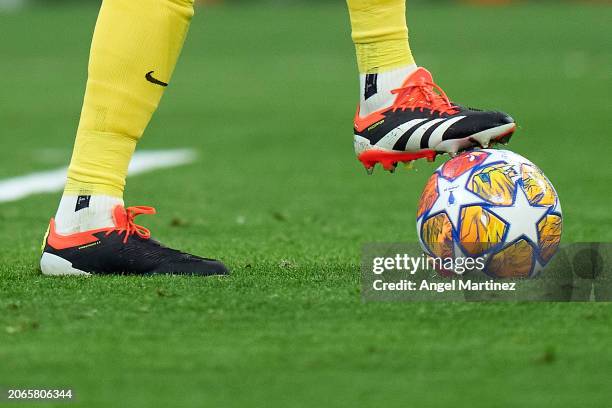 Detailed view of the Adidas Finale London, official match ball and the boots worn by Peter Gulacsi of RB Leipzig during the UEFA Champions League...