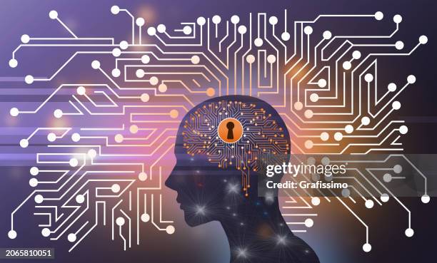 keyhole in human brain with circuit board as brain anatomy isolated on white - software as a service stock illustrations