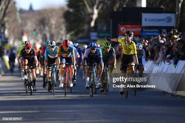 Olav Kooij of The Netherlands and Team Visma | Lease a Bike celebrates at finish line as stage winner ahead of Matteo Trentin of Italy and Tudor Pro...