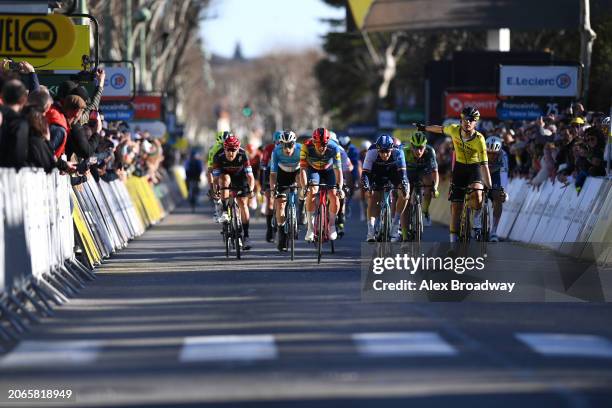 Olav Kooij of The Netherlands and Team Visma | Lease a Bike celebrates at finish line as stage winner ahead of Matteo Trentin of Italy and Tudor Pro...