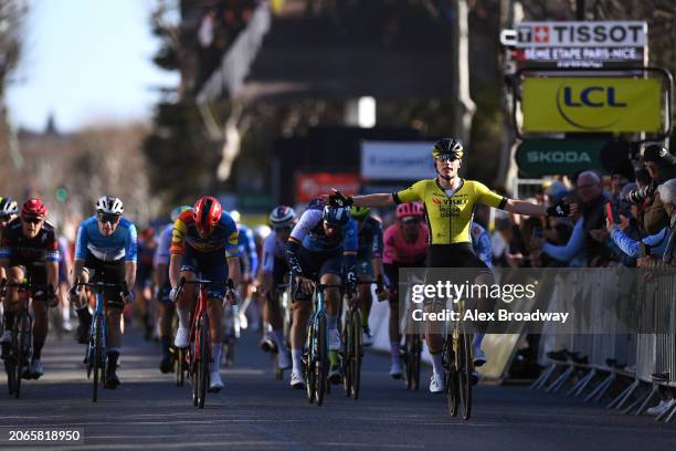 Olav Kooij of The Netherlands and Team Visma | Lease a Bike celebrates at finish line as stage winner ahead of Matteo Trentin of Italy and Tudor Pro...