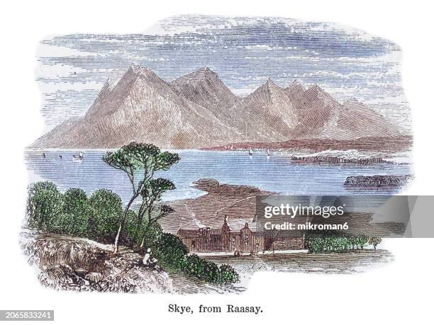 old engraving illustration of the isle of skye, or simply skye, the largest and northernmost of the major islands in the inner hebrides of scotland, from isle of raasay - raasay stock pictures, royalty-free photos & images