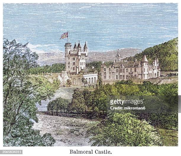 old engraving illustration of balmoral castle, scotland, from the river dee - palace stock pictures, royalty-free photos & images