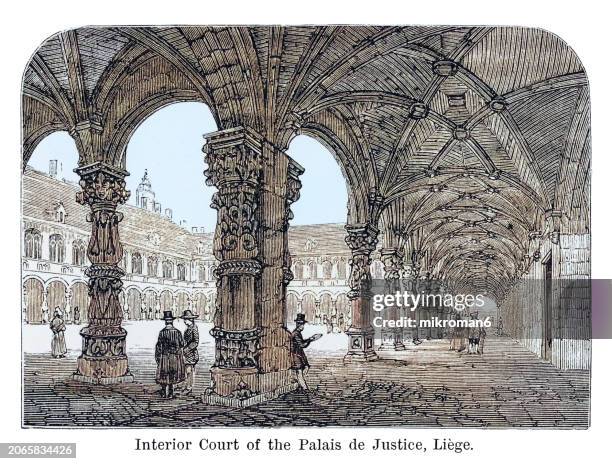 old engraving illustration of interior court of the palais de justice, liège, a city and municipality of wallonia and the capital of the belgian province of liège - province stock pictures, royalty-free photos & images