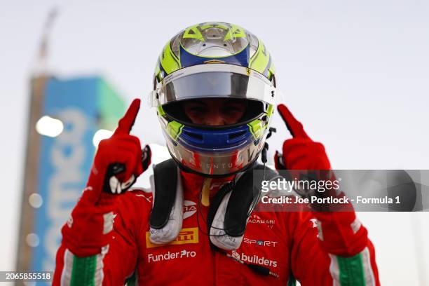 Pole position qualifier Oliver Bearman of Great Britain and PREMA Racing celebrates in parc ferme during qualifying ahead of Round 2 Jeddah of the...