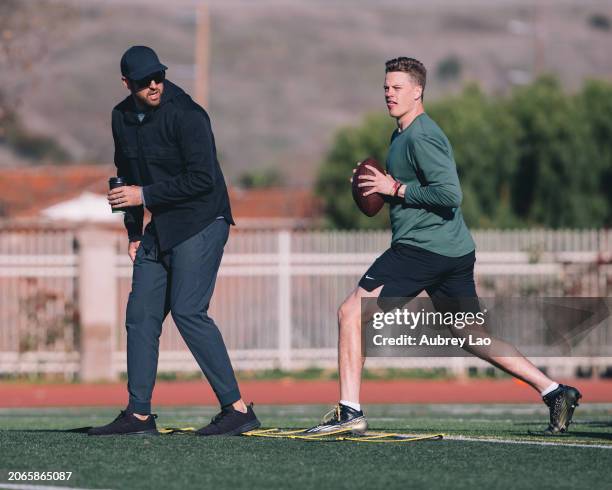 Quarterback Joe Burrow goes through drills during Jordan Palmers off-season NFL Draft Prep in a park on February 13, 2020 in Orange County, CA.