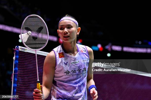 Tai Tzu Ying of Chinese Tapei looks on during her women single round of 16 match against Wang Zhi Yi of China at Adidas Arena on March 07, 2024 in...