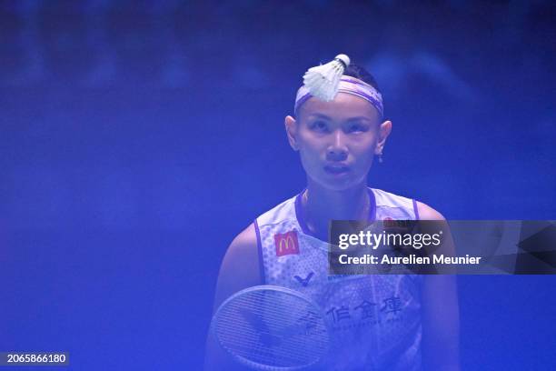 Tai Tzu Ying of Chinese Tapei looks on during her women single round of 16 match against Wang Zhi Yi of China at Adidas Arena on March 07, 2024 in...