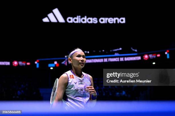 Tai Tzu Ying of Chinese Tapei looks on during her women single round of 16 match against Wang Zhi Yi of China at Adidas Arena on March 07, 2024 in...