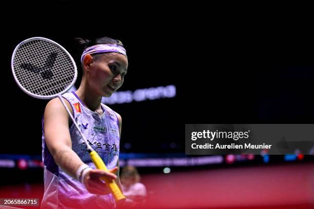 Tai Tzu Ying of Chinese Tapei looks on during her women single round of 16 match against Wang Zhi Yi of China at Adidas Arena on March 07, 2024 in...