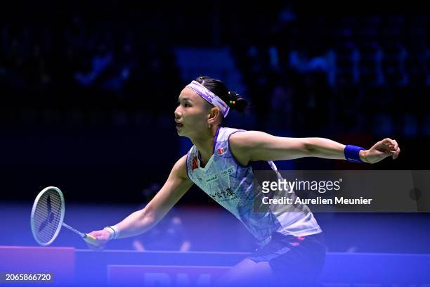 Tai Tzu Ying of Chinese Tapei looks on during her women single round of 16 match against Wang Zhi Yi of China at Adidas Arena on March 07, 2024 in...